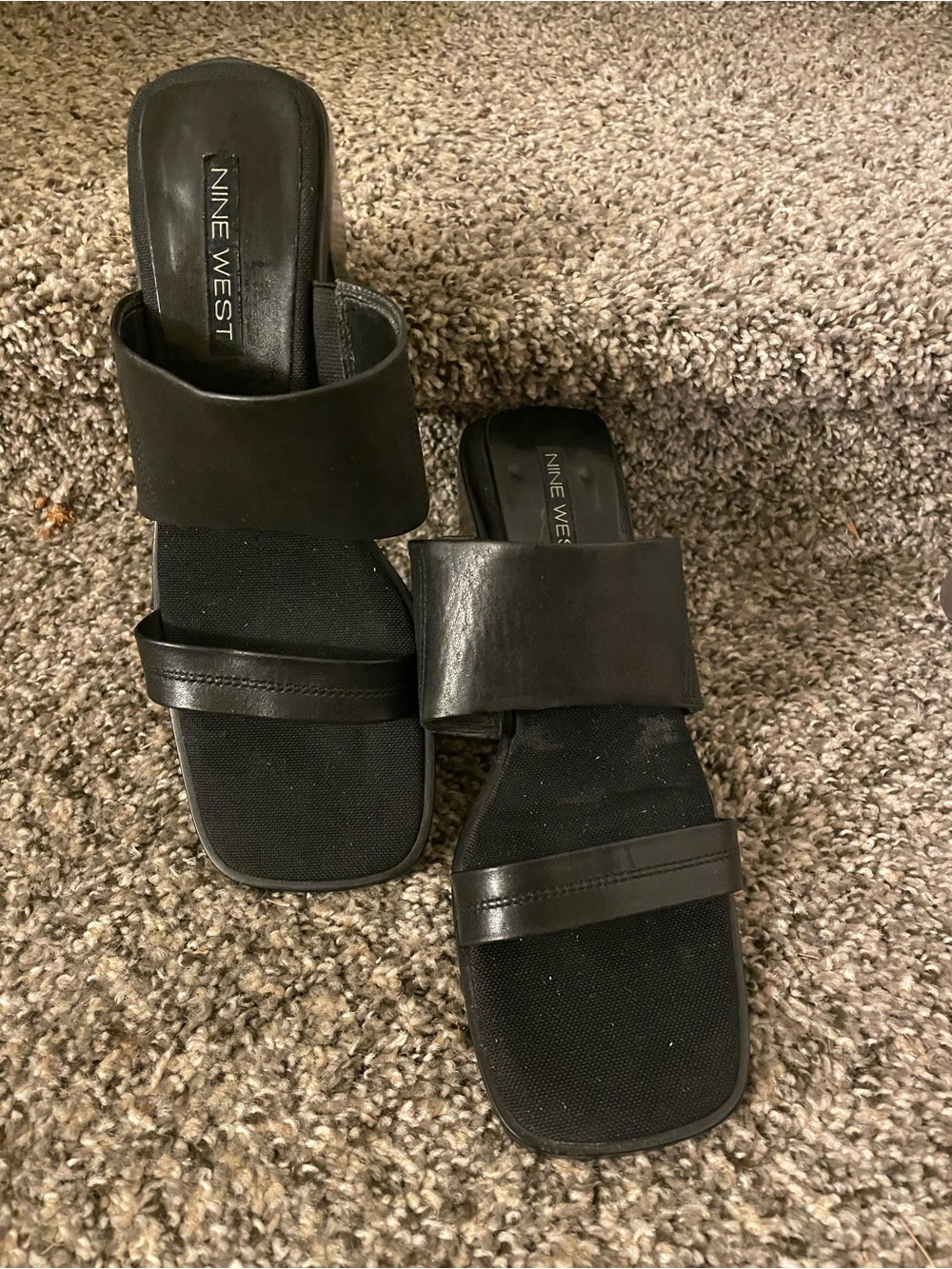 Nine West Black Double-Band Square-Toe Slide Sandals
